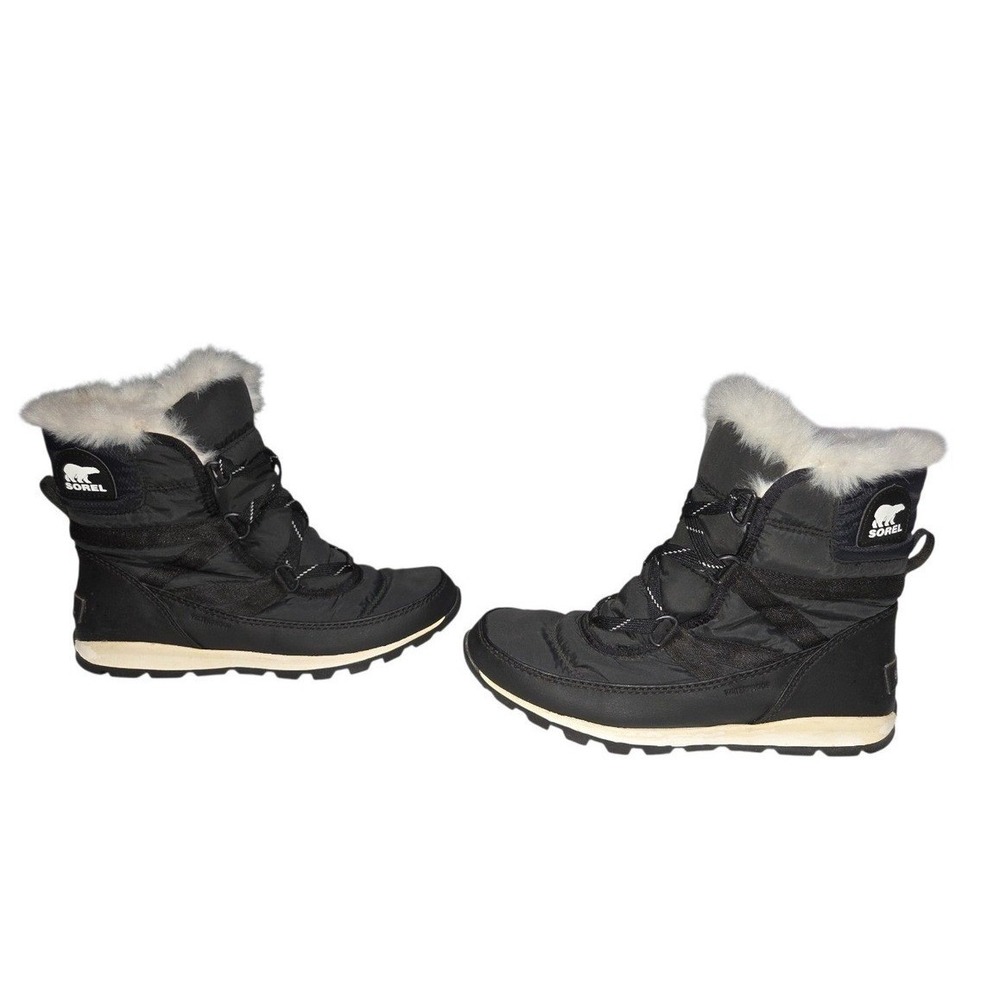 Sorel Boots Women 7 Black Whitney Short Lace NL2776-010 Waterproof Faux Fur Trim